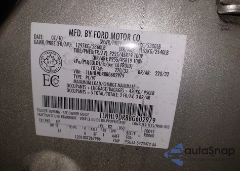 2011 Lincoln Mks z USA, uszkodzony, nr VIN 1LNHL9DR8BG602979